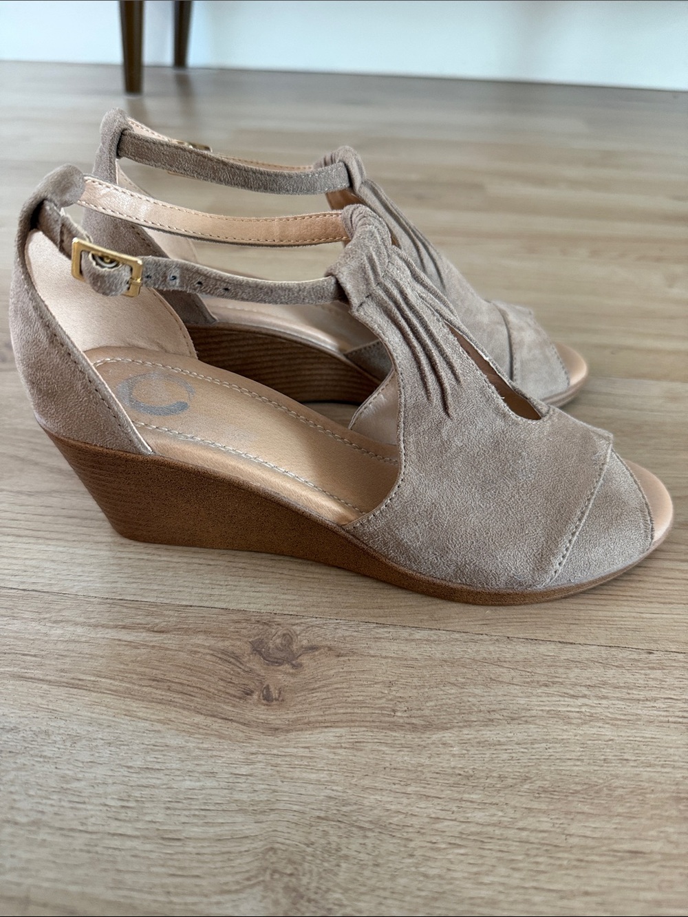 Suede Open-Toe T-Strap Heels in Taupe - Picture 2 of 4